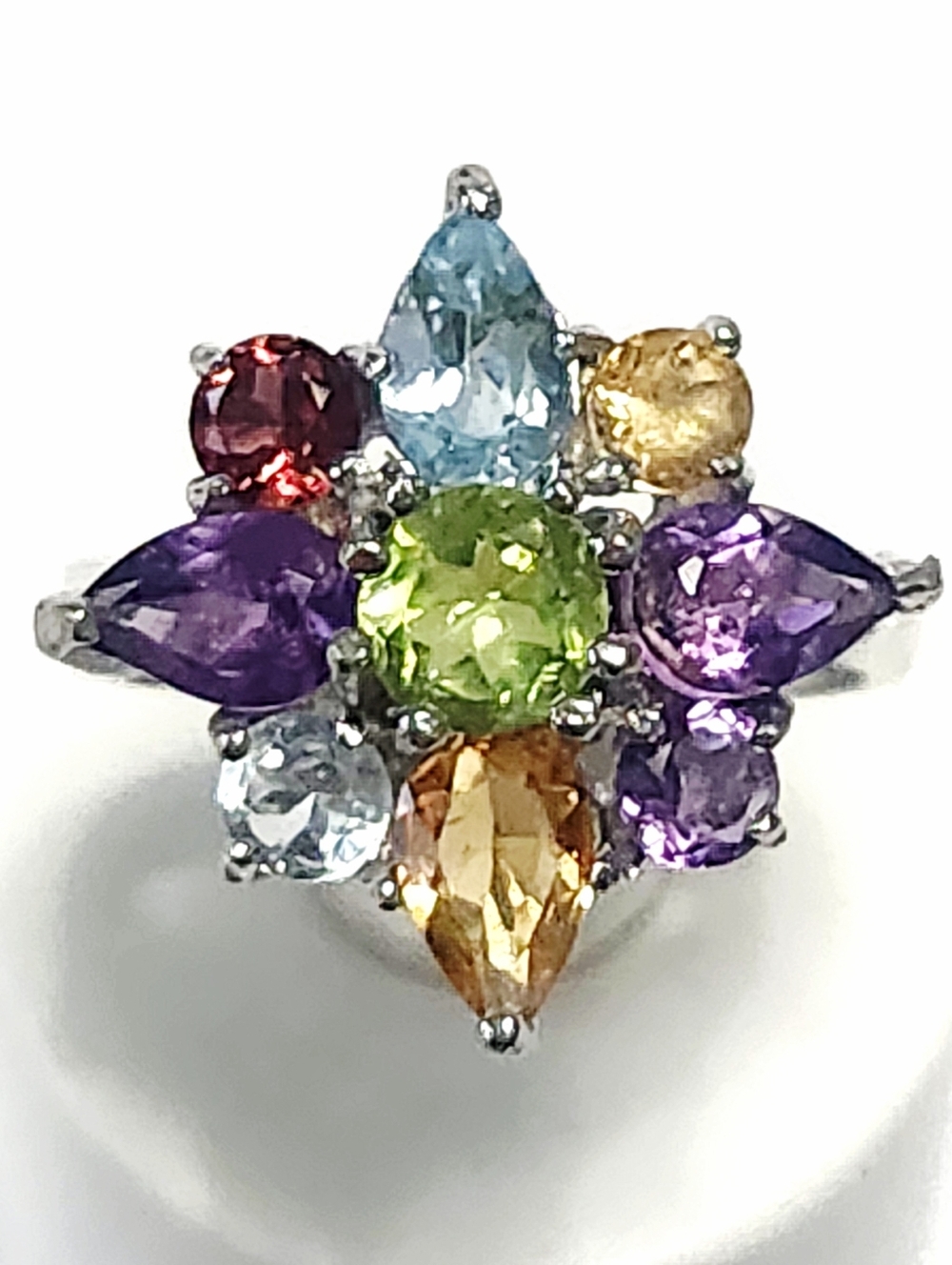 3.0 ctw Citrine Peridot Blue Topaz Amethyst Flower Silver Ring size 6
